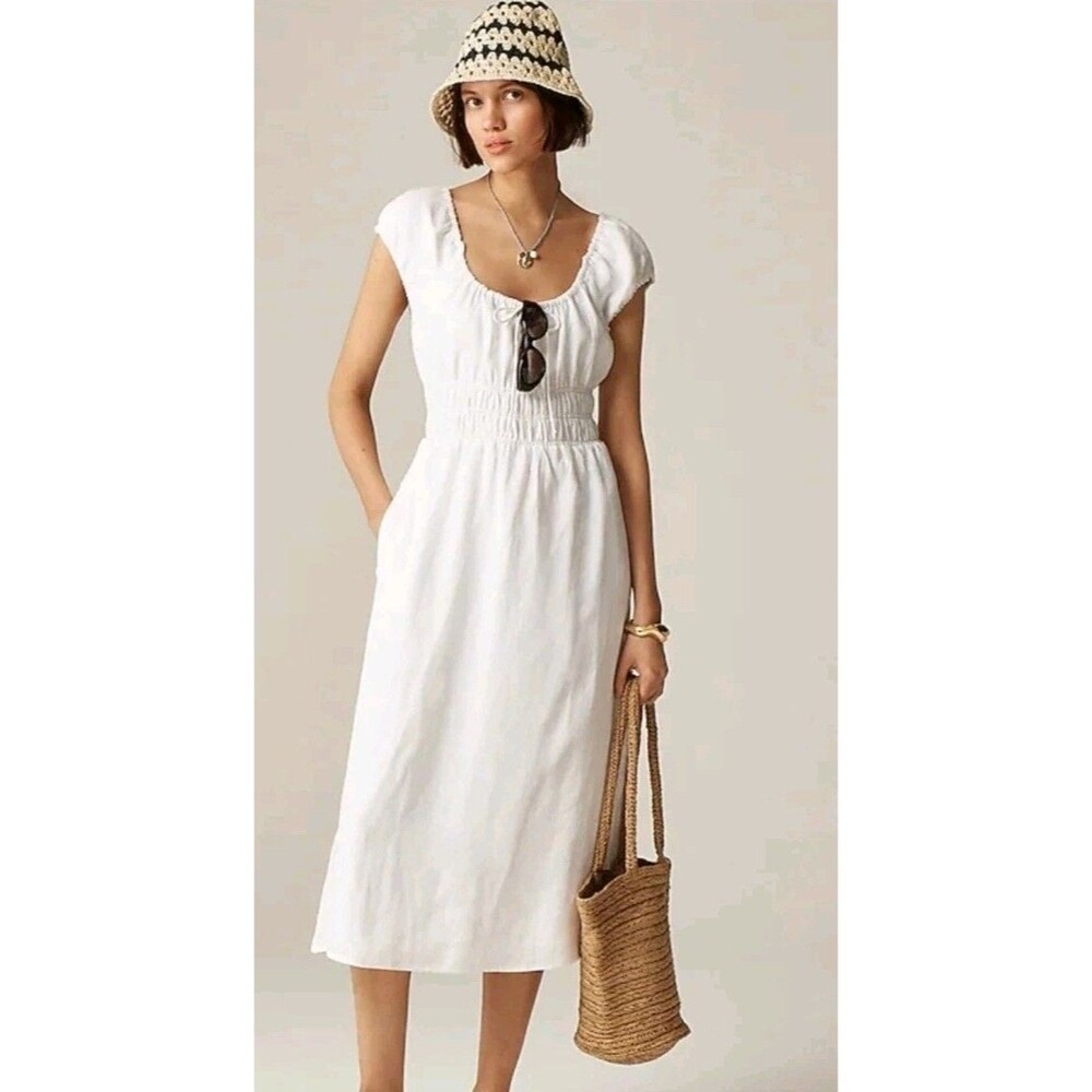 J.Crew Cap Sleeve Midi Dress in Linen White Smocked Waist CK814 Size M NWT